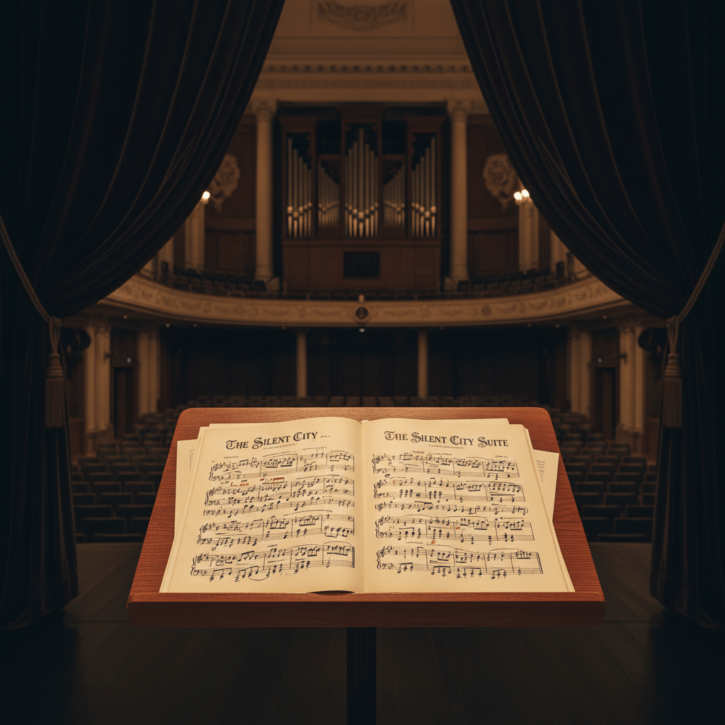 Sheet music titled 'The Silent City Suite' on a stand in an empty concert hall.