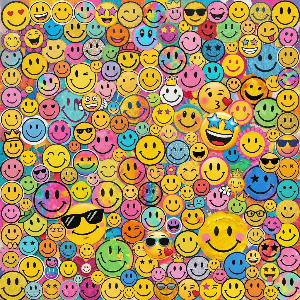 Colorful smiley face emoji collage Collage of many colorful smiley face emojis with different expressions and styles