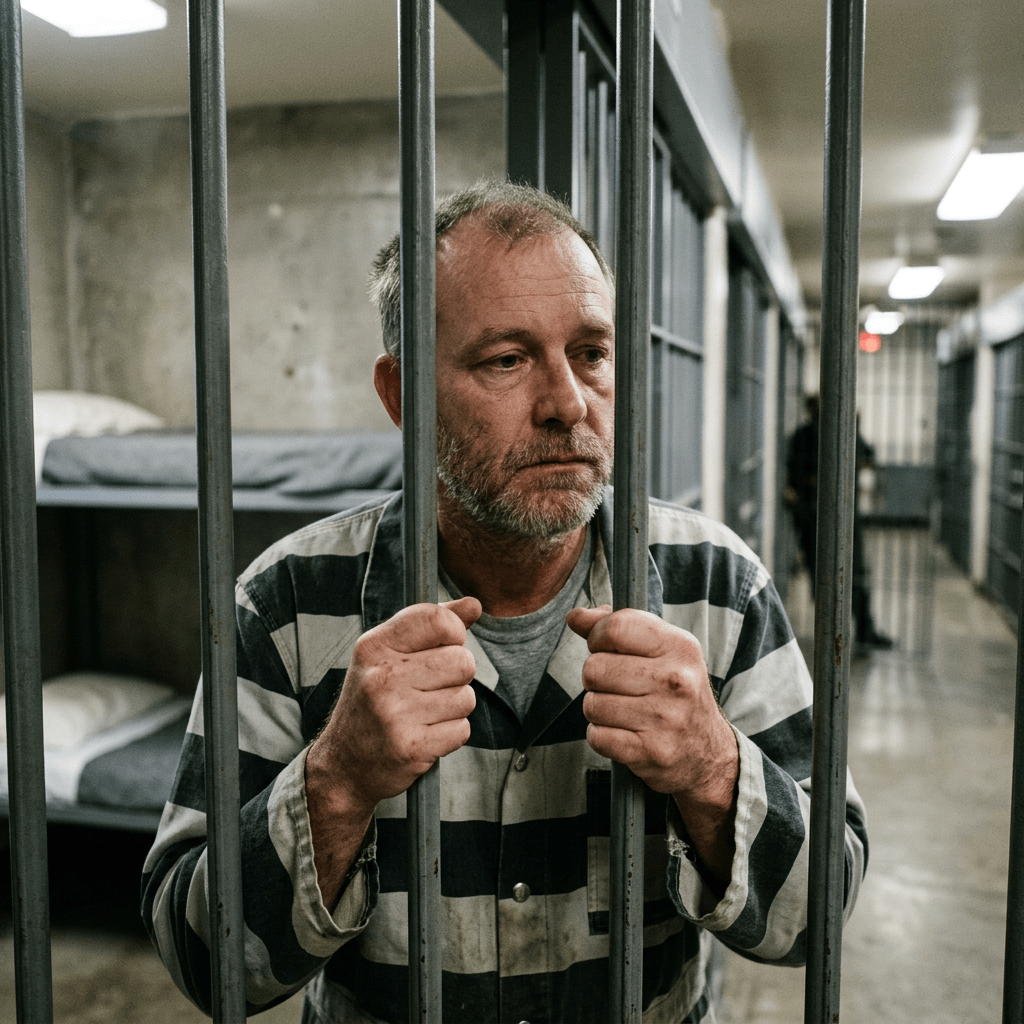 Prisoner gripping cell bars inside an institutional cellblock
