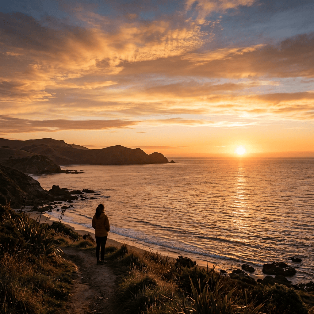 Person standing on a coastal trail overlooking the ocean at sunset