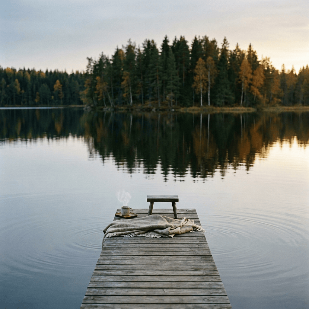 Woman reading on a dock beside a calm forest lake