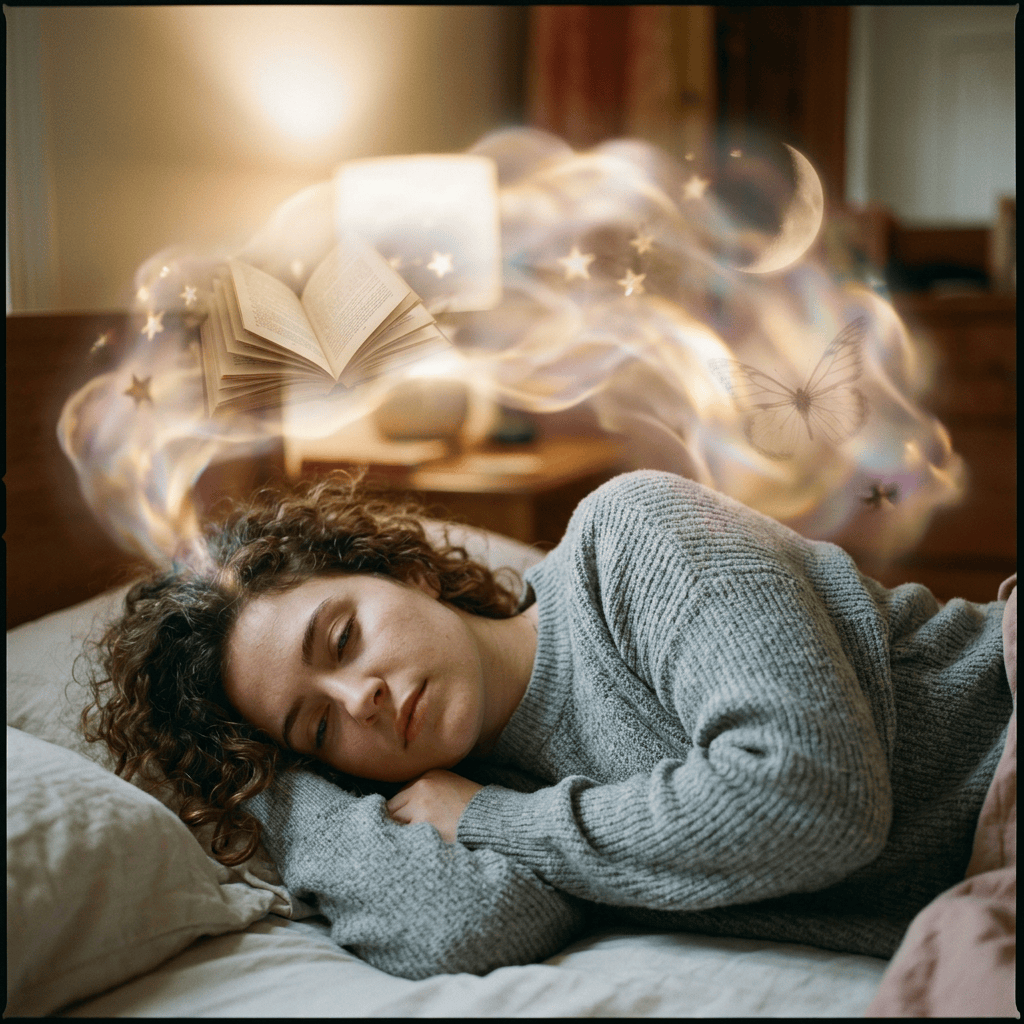 Person sleeping beneath dreamlike books, stars, moon, and butterfly shapes